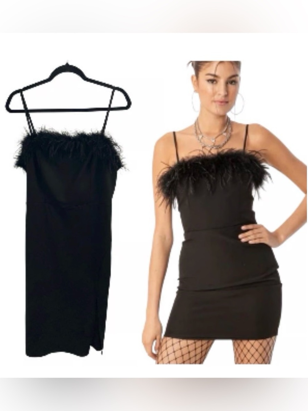 Crystal Sky little Black Feather-Trim Spaghetti Strap Mini Dress NWT smaller